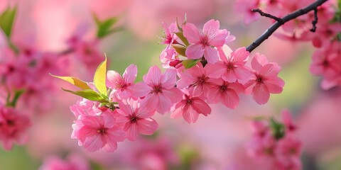 Obraz premium Wild cherry blossom displays vibrant blooms, captured with a shallow depth of field. The beauty of wild cherry blossom enhances the scene, inviting admiration and tranquility.
