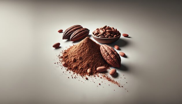 Cacao powder and cocoa beans isolated on white background. Macro with full dept of field
