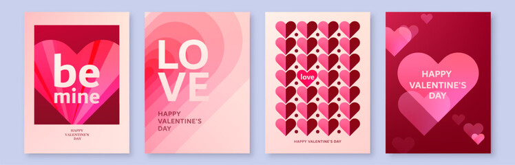 Heart background for Valentines day, vector set. Love pattern with overlay gradient hearts. Geometric romance minimal banner. Modern abstract valentine art in pink, light red color