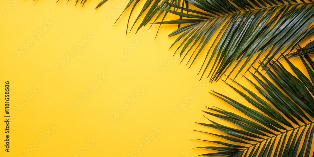 Poster top view of palm leaves on a yellow beach background. this flat lay of palm leaves creates a travel 