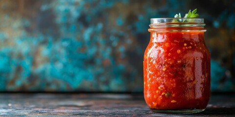 Homemade roasted garlic marinara tomato sauce placed in a glass jar against a textured background. This homemade roasted garlic marinara tomato sauce showcases vibrant colors and rich textures.