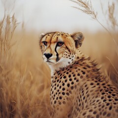 Obraz premium A cheetah sits poised amid the tall golden grasses of the savannah, exuding grace and alertness under a pale, expansive sky.