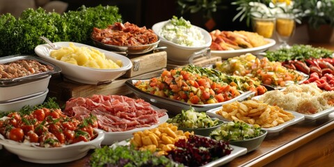 Fototapeta premium Buffet food displayed appealingly on a table, inviting guests to indulge in a diverse selection of delicious buffet food options, perfect for gatherings and celebrations.