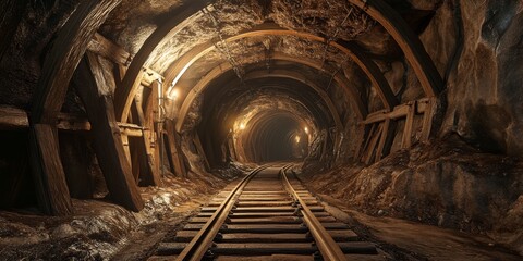 Underground gold mine shaft features a tunnel drift lined with rails and wooden timbering, showcasing the intricate design of an underground gold mine environment.