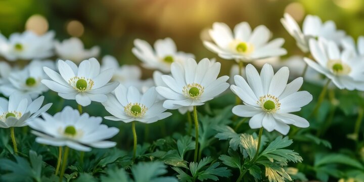 Stunning white flowers of Anemone blanda White Splendour surrounded by lush greenery, showcasing the delicate beauty of Anemone blanda with an impressive close up view.