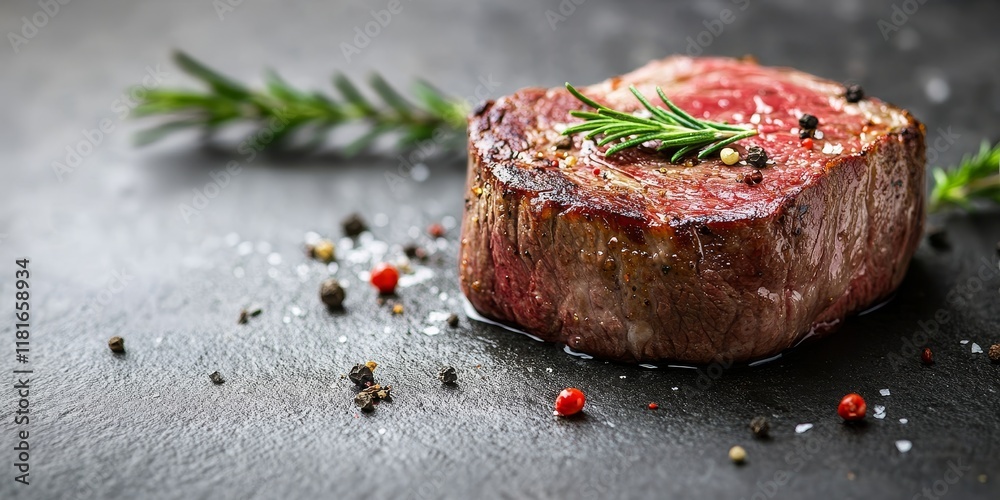 Poster succulent beef steak displayed on a stone table, showcasing the rich textures and colors of the beef