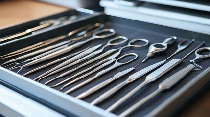 Surgical procedure preparation detailed shot of sterile tray with surgical instruments in clinical setting close-up view for medical professionals