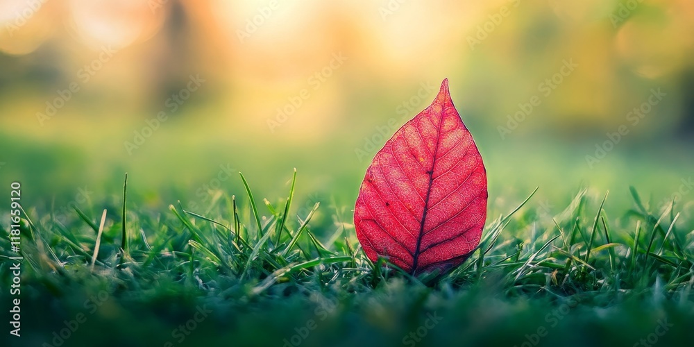 Aufkleber close up of a red leaf resting on grass, showcasing the vivid color and texture of the red leaf agai