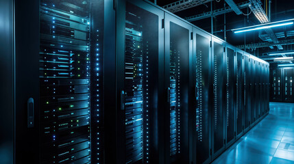 Working server racks flashing led lights in dark data center room