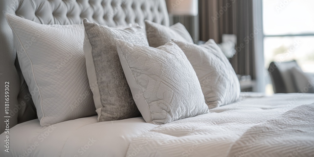 Poster close up view of soft pillows and an elegant headboard on an unoccupied double bed, showcasing the c