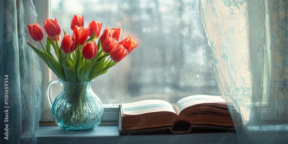 Poster Still life featuring a vase with tulips alongside an old book on a windowsill, capturing the charm of a cozy setting with tulips enhancing the aesthetic of thestill life composition.