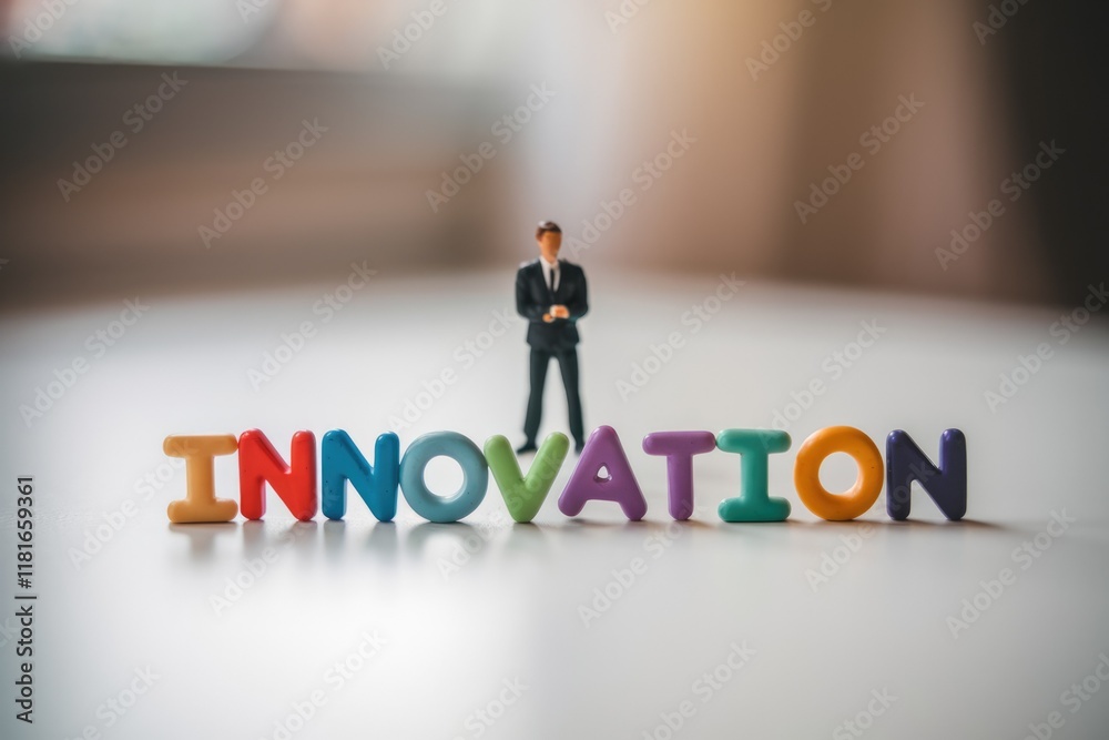 Poster a miniature businessman stands before the word 'innovation', symbolizing progress and new ideas.