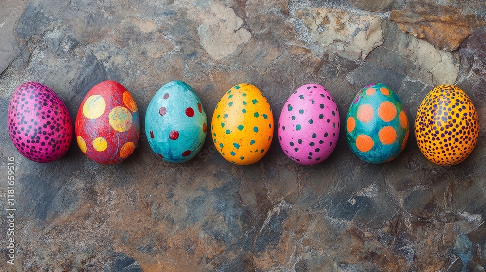 Poster Bright and colorful painted eggs for Easter are beautifully arranged in a row on a rustic granite background, providing a perfect border for text. Enjoy this vibrant Easter egg display.