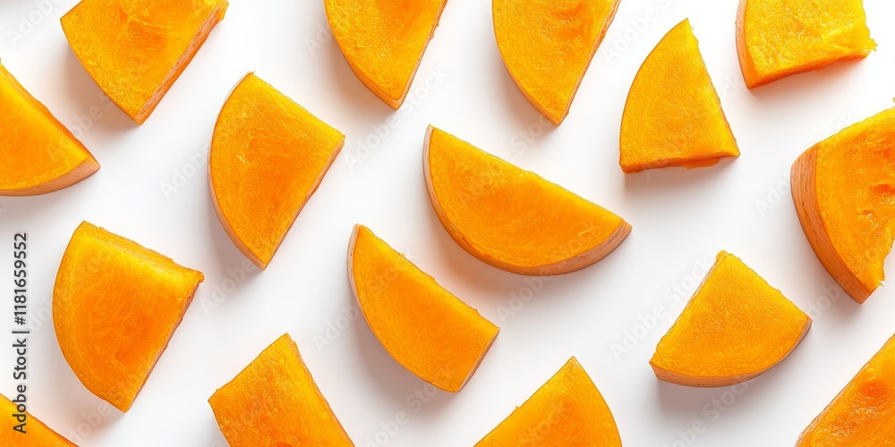 Poster Isolated slices of pumpkin chunks displayed on a white background highlight the vibrant color and texture of pumpkin, making them perfect for showcasing pumpkin in various culinary contexts.