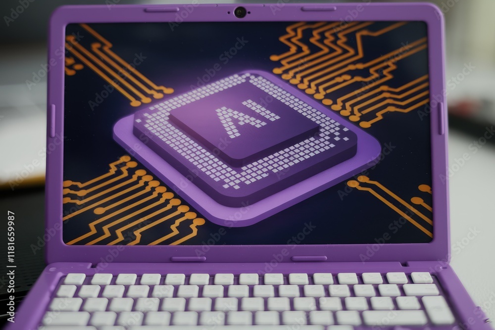Fototapete laptop screen displays a 3d model of an ai processor on a circuit board.