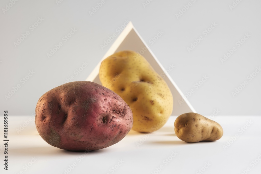 Poster Three potatoes of varying sizes and colors sit in front of a white triangular backdrop.