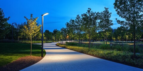 A public park walkway featuring designated pedestrian and bicycle paths, beautifully illuminated by energy efficient solar powered street lights, enhances the outdoor experience in the park.