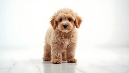Lindo cachorro de perro poodle sobre fondo blanco