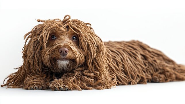 Cute brown dog with long, curly fur lounging gracefully