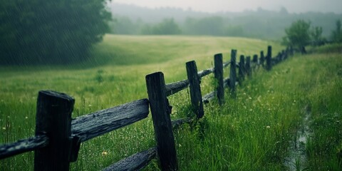 Fototapeta premium Fence in a field during rainy weather showcases the unique beauty of nature. This fence stands resilient in the midst of rainy weather, highlighting the connection between landscape and weather.