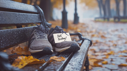 A close-up shot of a pair of running shoes abandoned on a park bench, with a handwritten note attached saying, "Not today!" The scene is set in a foggy park during early morning