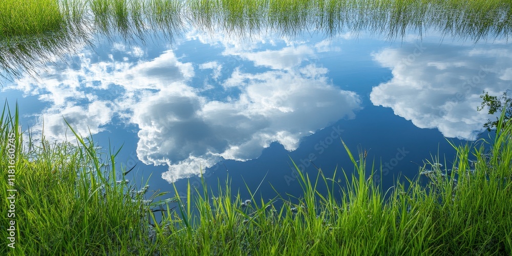 Poster tranquil water reflection showcasing vibrant clouds mirrored in the serene surface, surrounded by lu