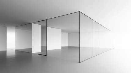 A minimalist black-and-white image of a building corner with sharp edges and reflective glass surfaces