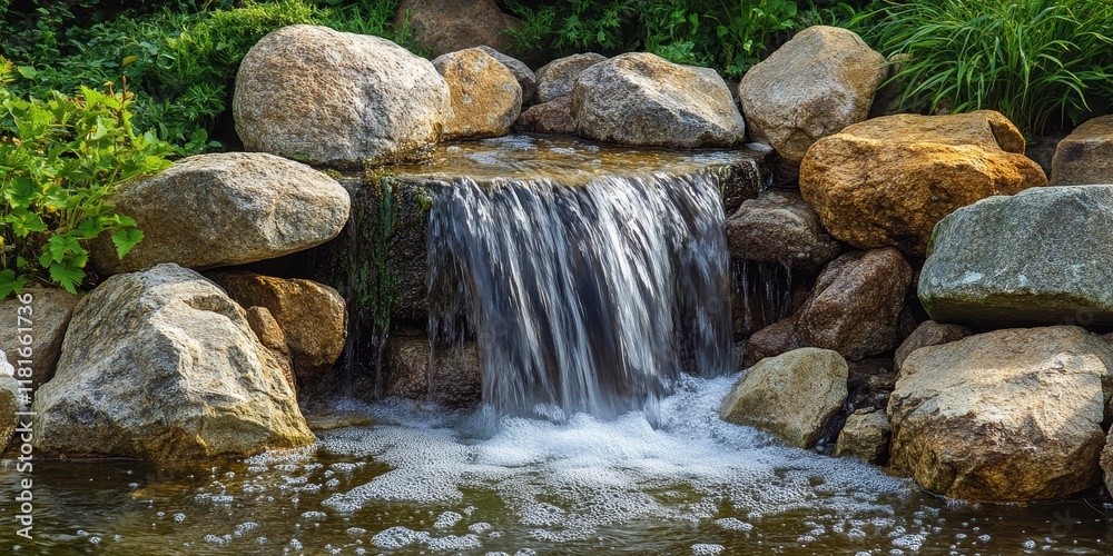 Aufkleber a petite waterfall pours down into a pond that is bordered by various rocks, creating a picturesque 