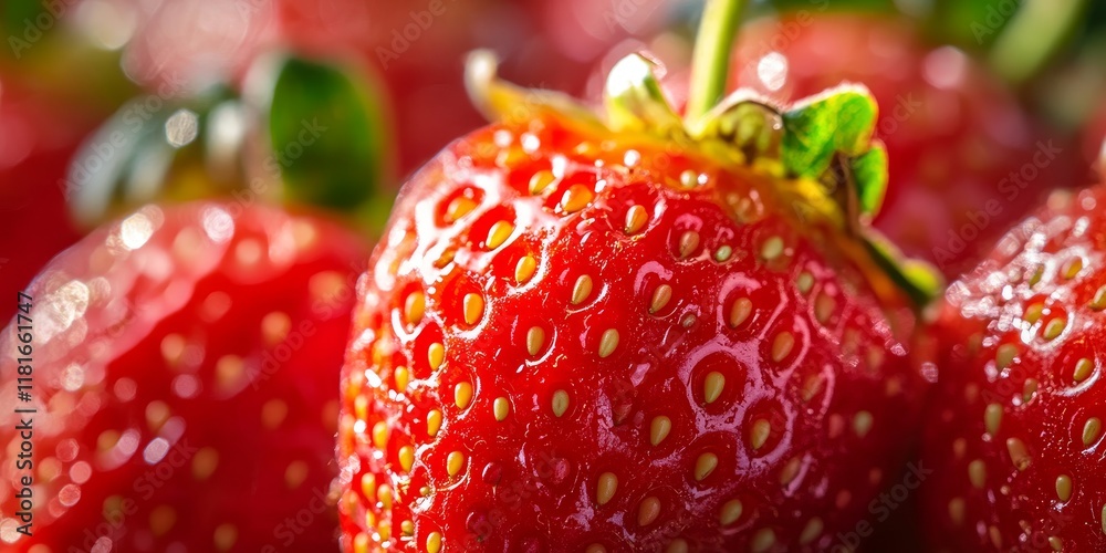 Poster macro shot capturing a vibrant group of strawberries, highlighting the freshness and detail of these
