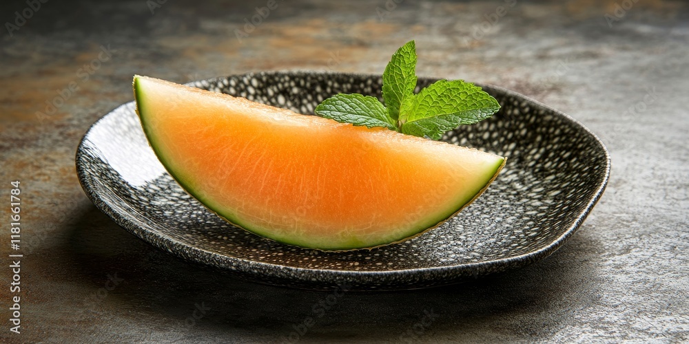 Poster fresh melon slice garnished with a mint leaf presented on a plate, showcasing the vibrant colors and