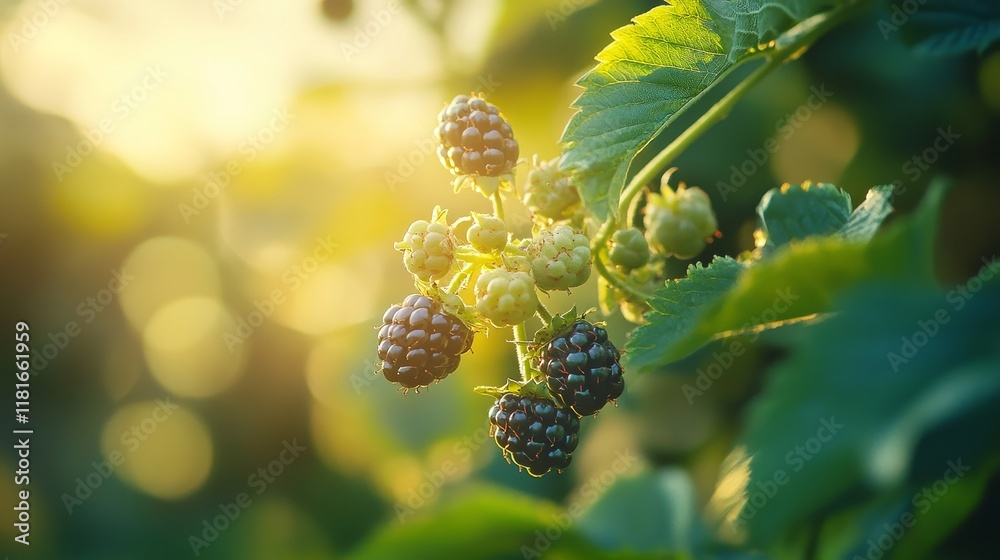 Poster Unripe blackberry developing in a garden setting. This image features a selective focus on unripe blackberry, highlighting its fresh appearance and natural beauty in a garden environment.