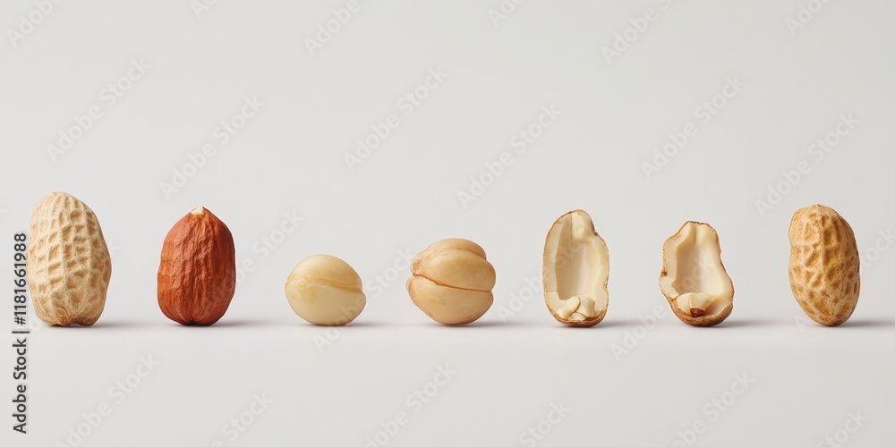 Aufkleber Evolution of peanuts showcased from their shelled nut form to the peeled variety. This visual representation of peanuts highlights the evolution of peanuts in a unique way against a white backdrop.