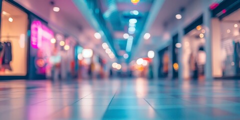 Blurred shopping mall background featuring a color toned atmosphere, ideal for showcasing the vibrant and dynamic ambiance of a shopping mall in a visually appealing way.