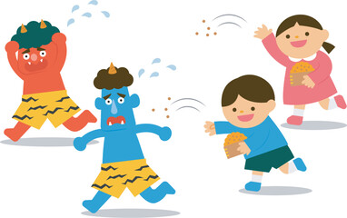 豆まきをする子供たちのイラスト