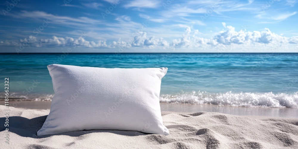 Poster a white pillow contrasting against the backdrop of a blue sea in a beach setting creates a serene an