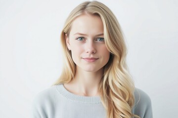 Obraz premium Pretty smiling joyfully female with fair hair, dressed casually, looking with satisfaction at camera, being happy. Studio shot of good-looking beautiful woman isolated against blank studio wall. 