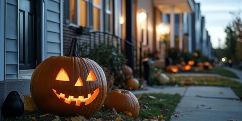 Obraz premium Halloween decoration displayed outside a townhome creates a festive atmosphere. The Halloween decoration enhances the curb appeal and invites the spirit of Halloween into the neighborhood.