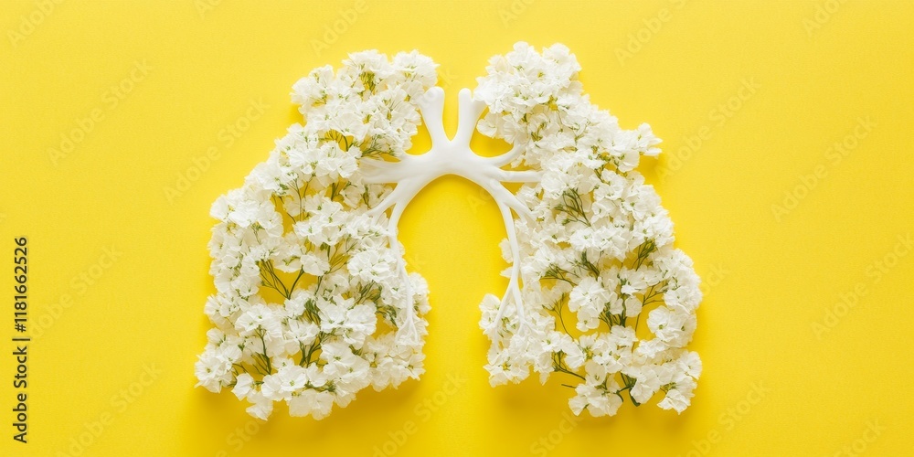 Aufkleber white flowers arranged to resemble human lungs on a vibrant yellow background, creating a unique fla