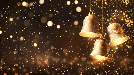 Festive golden bells winter wonderland holiday theme magical atmosphere close-up view celebration concept