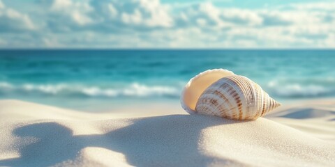 Obraz premium Shell resting on a sand dune with a beautiful sea background. This shell captures the essence of beach life, making it a perfect representation of a serene seaside experience near sand dunes.