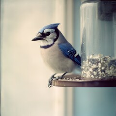 A blue jay perches gracefully by a frosty window feeder, its vibrant plumage contrasting against the muted tones of a cold winter's day.