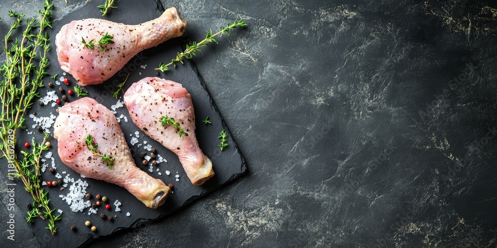 Poster raw chicken legs are flavored with thyme, rock salt, and pepper. the top view reveals the chicken le