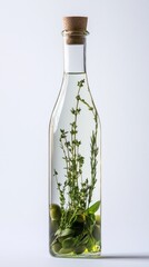 A beautiful crystal-clear bottle filled with golden olive oil, showcasing vibrant green herbs submerged within. The herbs add color and a natural touch to the elegant presentation