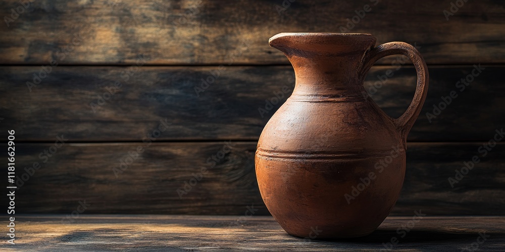 Poster brown clay jug displayed on a dark wooden background, featuring selective focus and shallow depth of