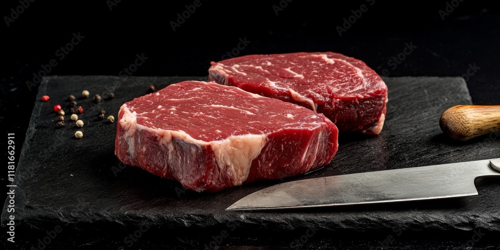 Aufkleber Raw uncooked beefsteaks displayed on a butcher s knife highlight the freshness and quality of raw uncooked beefsteaks, ideal for culinary presentations and appetizing visuals.