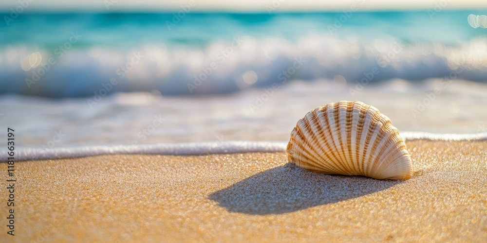 Poster sea shell resting on sandy beach by the seashore, beautifully highlighted against the morning sea, f