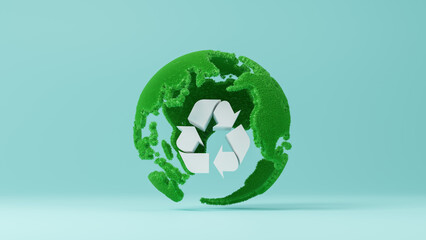 Conceptual recycling symbol for eco-friendly, protect environment, clean alternative energy, fuel, recycle waste and global warming with Earth globe Environment. Sustainable development. 3d rendering