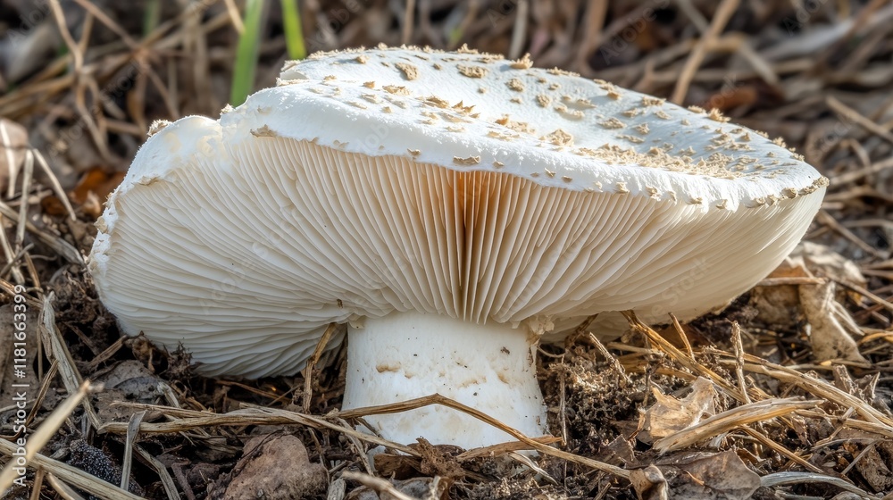 Aufkleber close up view of a large white mushroom, separate from its base, resting atop dry plants scattered a