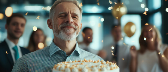 joyful retiree holding celebratory cake, surrounded by coworkers in office retirement party with festive decorations and warm smiles