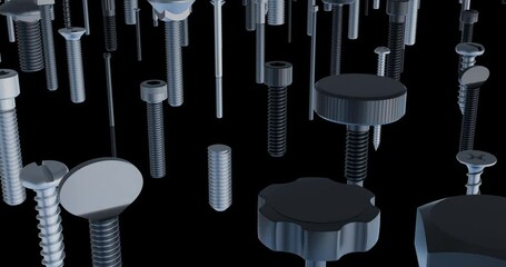 Screws and bolts animation; Fasteners and joining hardware; bolting systems; Fine and Coarse thread screws